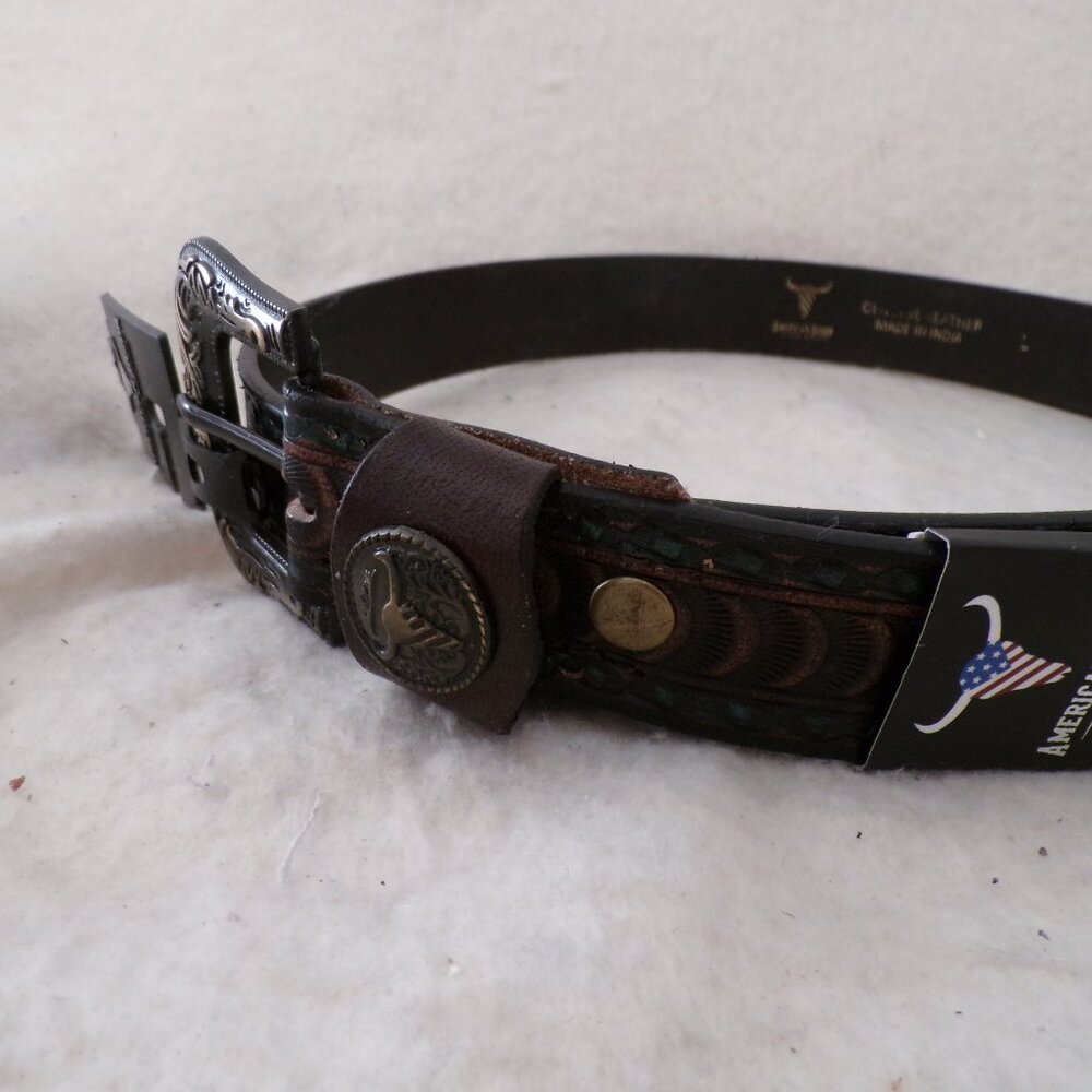 American Bison Mens Belt Size 38 - 40 Large Brown Tooled Leather Western